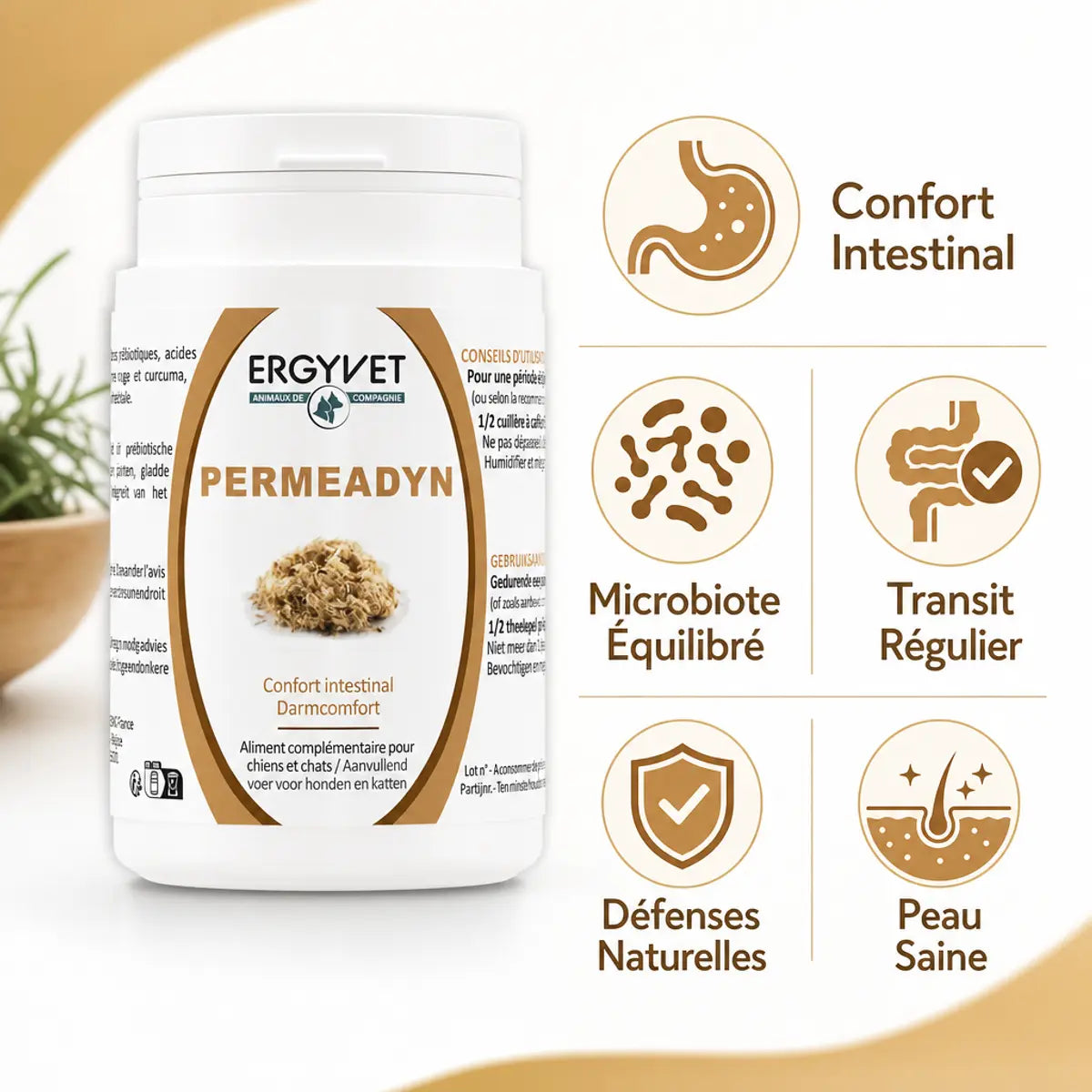 Permeadyn Ergyvet 70g complément digestif chien chat avec icônes bénéfices confort intestinal microbiote