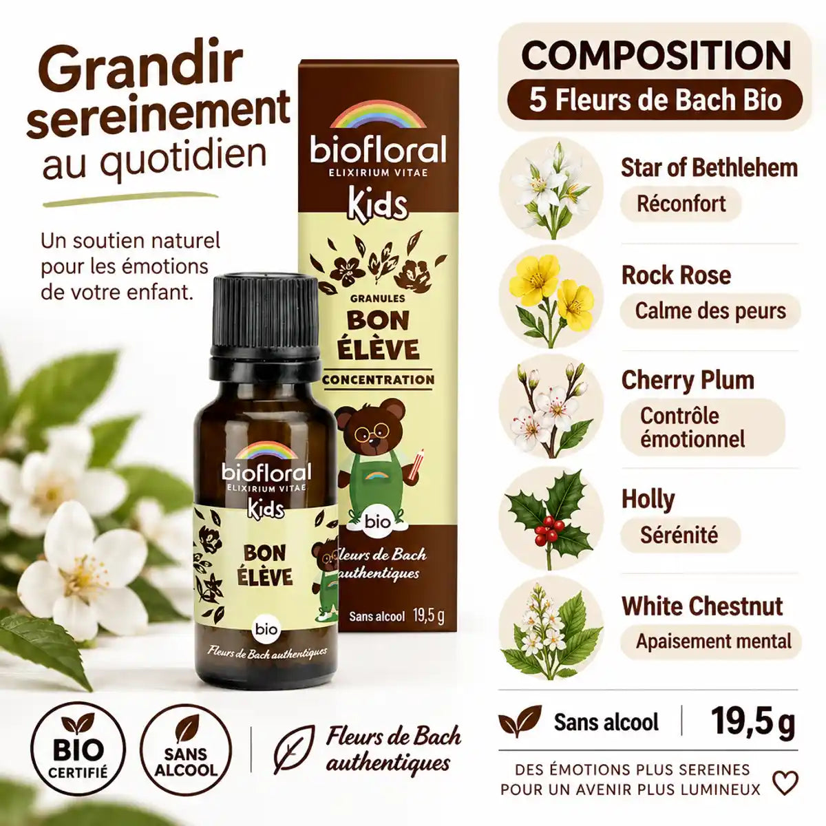 Petit tourbillon bio Biofloral granules enfants 19,5g avec 5 fleurs de Bach, sans alcool