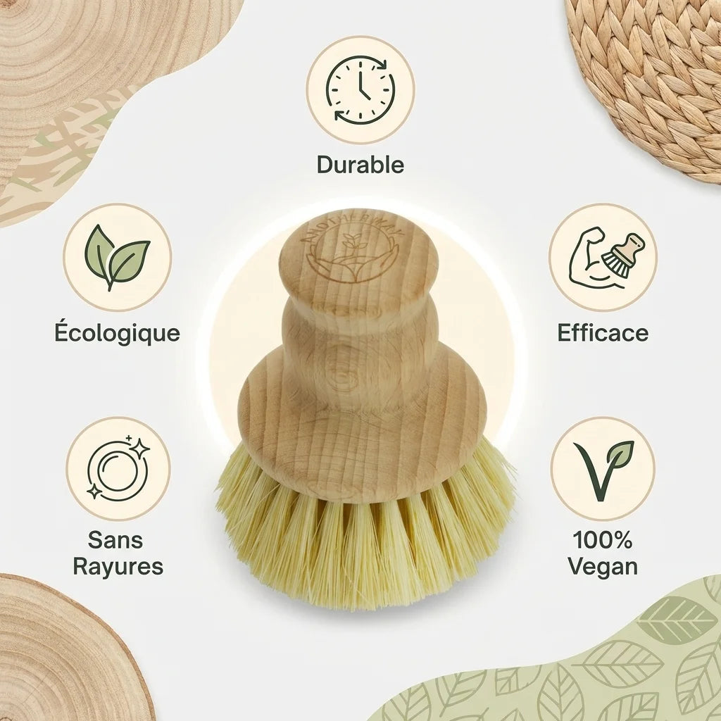 Brosse vaisselle Anotherway bois avec icônes avantages : durable, écologique, efficace, sans rayures, vegan