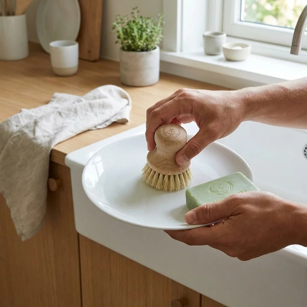 Petite brosse vaisselle écologique Anotherway en bois avec fibres naturelles en cuisine