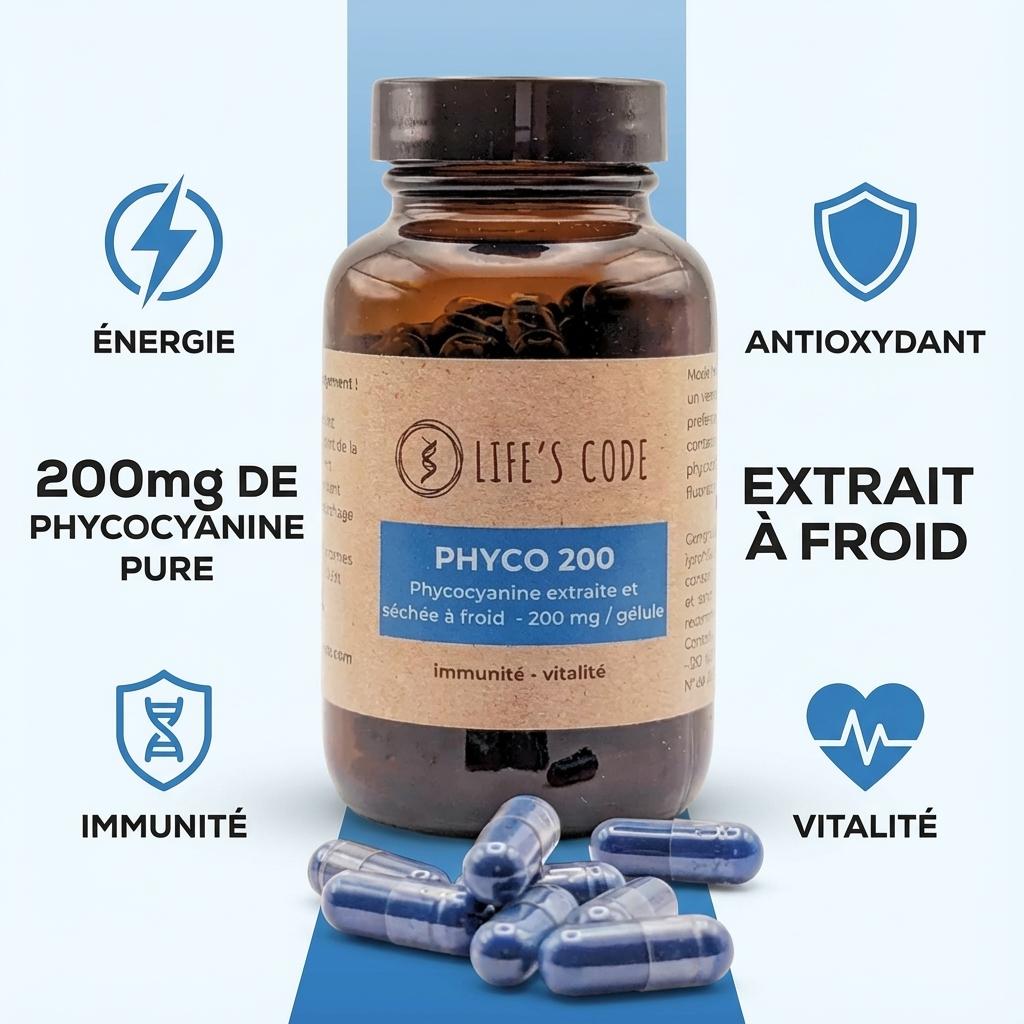 Phyco 200 Life's Code - Supplément phycocyanine 200mg avec icônes énergie, antioxydant, immunité et vitalité