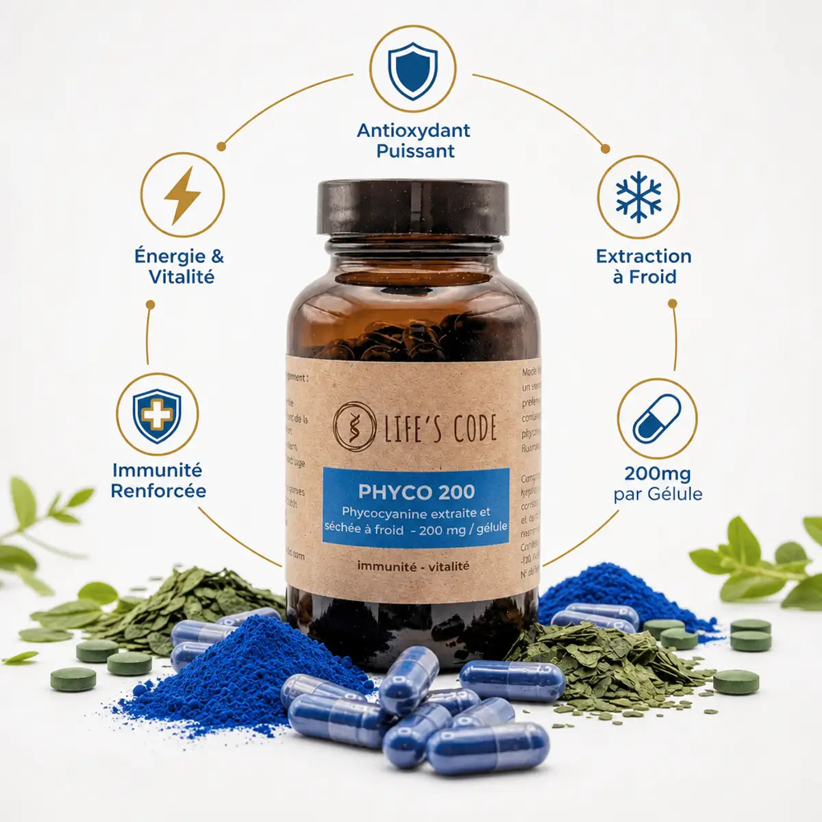 Phyco 200 Life's Code phycocyanine 200mg supplément avec bénéfices antioxydant et immunité