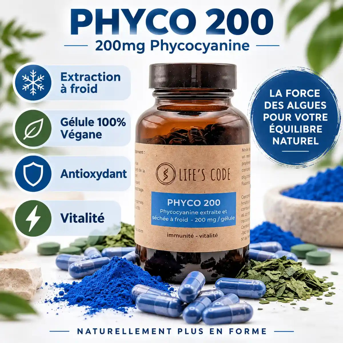 Phyco 200 Life's Code phycocyanine 200mg en flacon verre ambré avec poudre bleue et spiruline