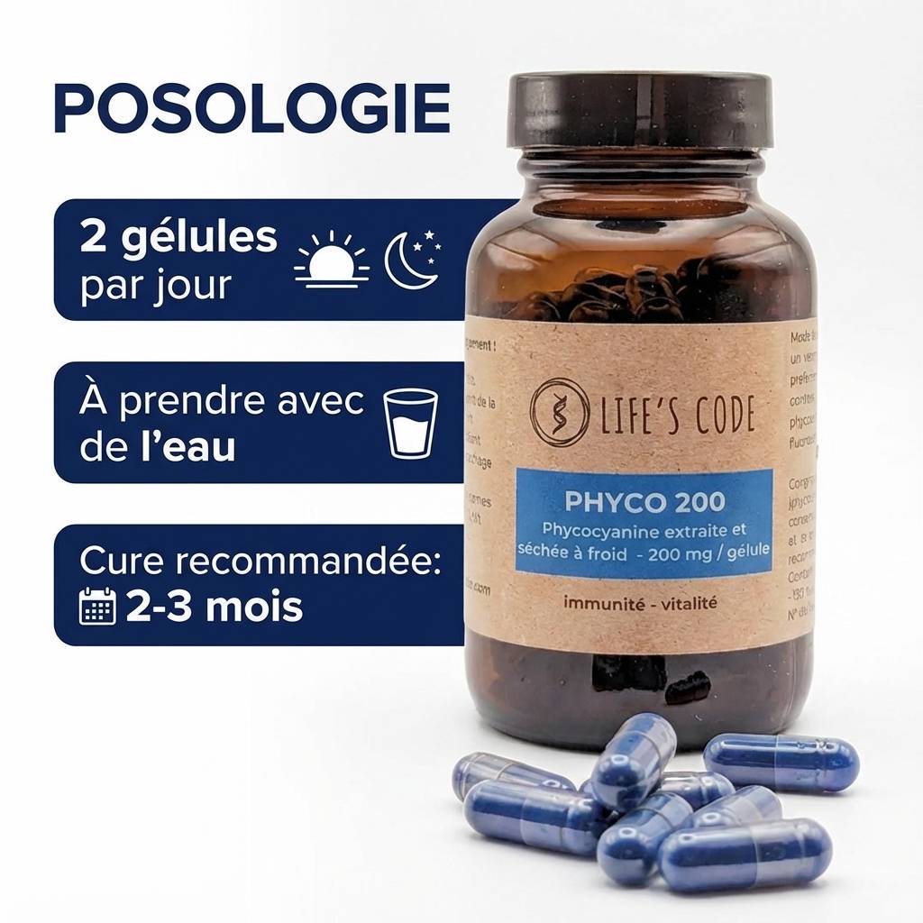 Phyco 200 Life's Code phycocyanine 200mg gélules posologie 2 par jour cure 2-3 mois