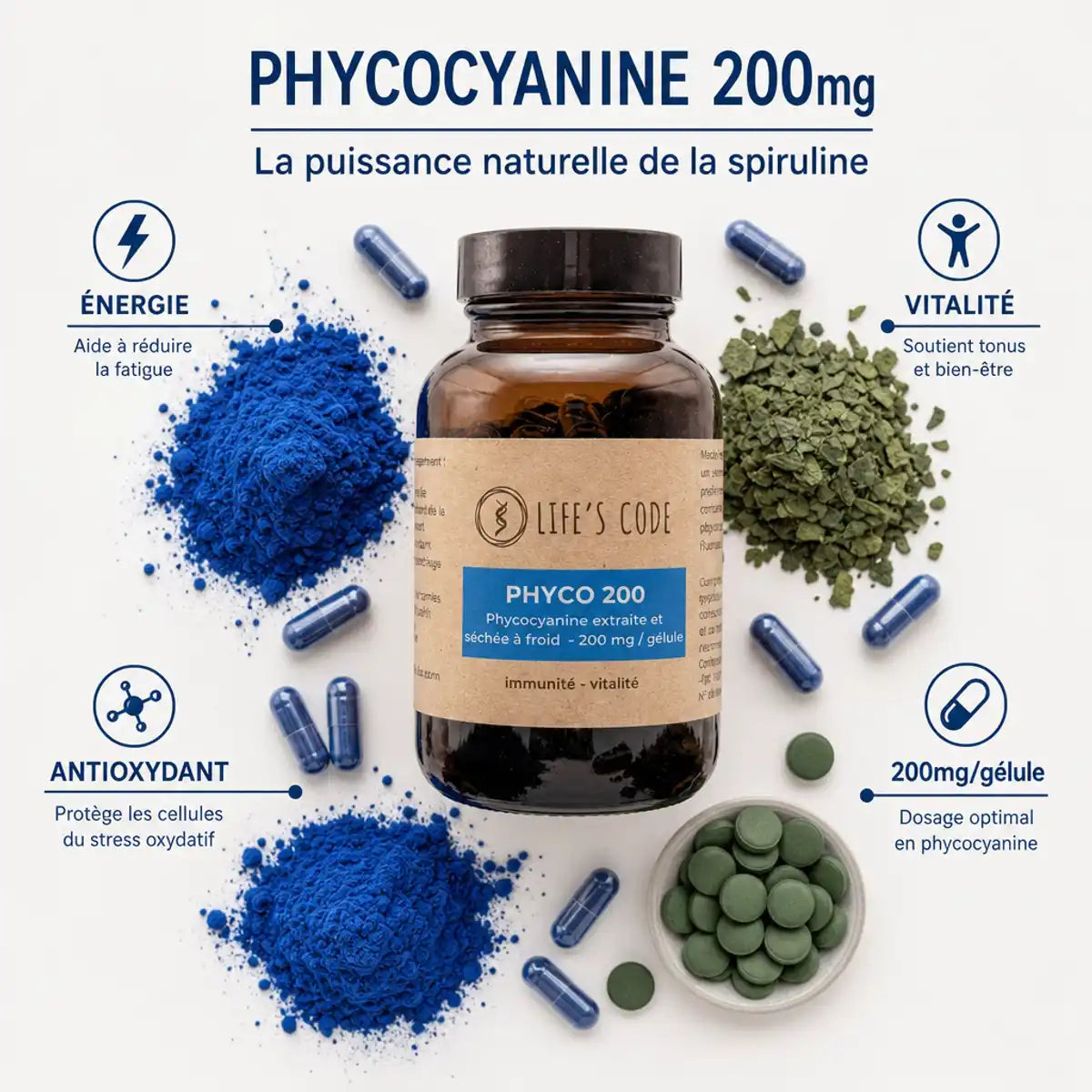 Phyco 200 Life's Code phycocyanine 200mg complément spiruline énergie antioxydant