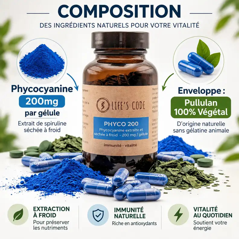 Phyco 200 Life's Code phycocyanine 200mg - Flacon supplément spiruline avec composition ingrédients