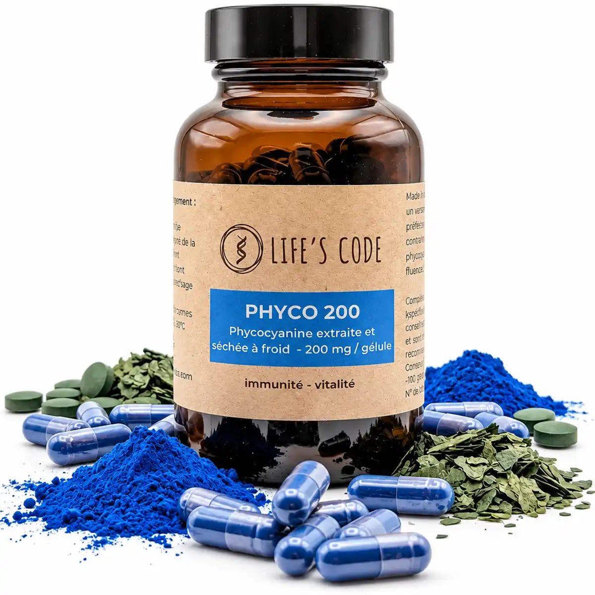Phyco 200 Life's Code - flacon de phycocyanine 200mg avec poudre bleue et spiruline