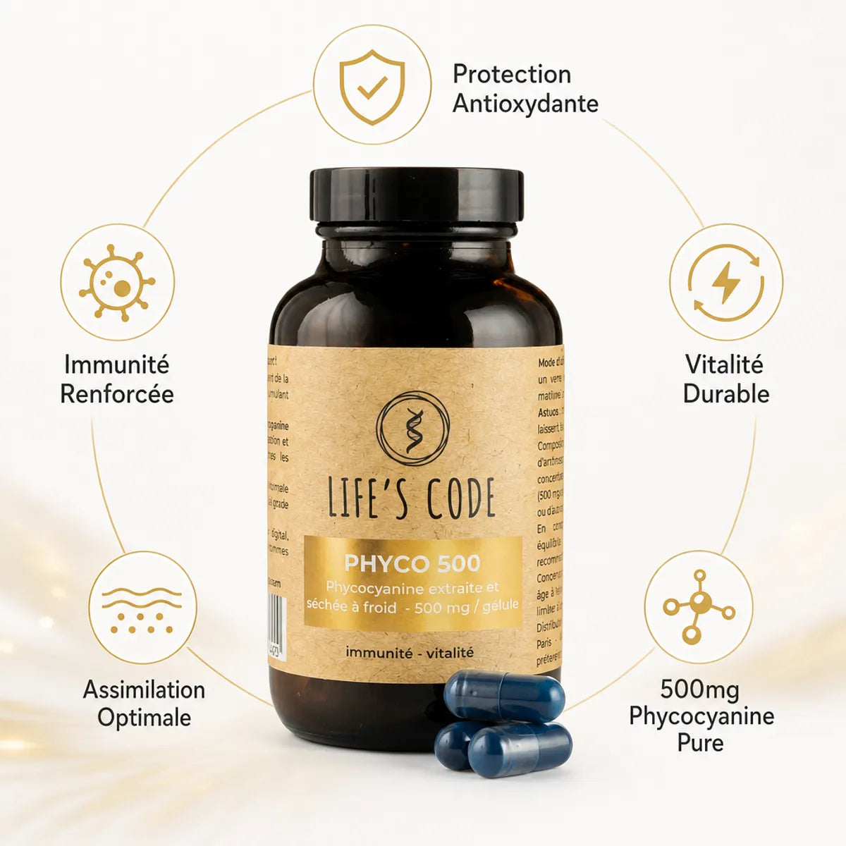 Phyco 500 Life's Code supplément phycocyanine 500mg avec icônes bénéfices santé antioxydant immunité vitalité