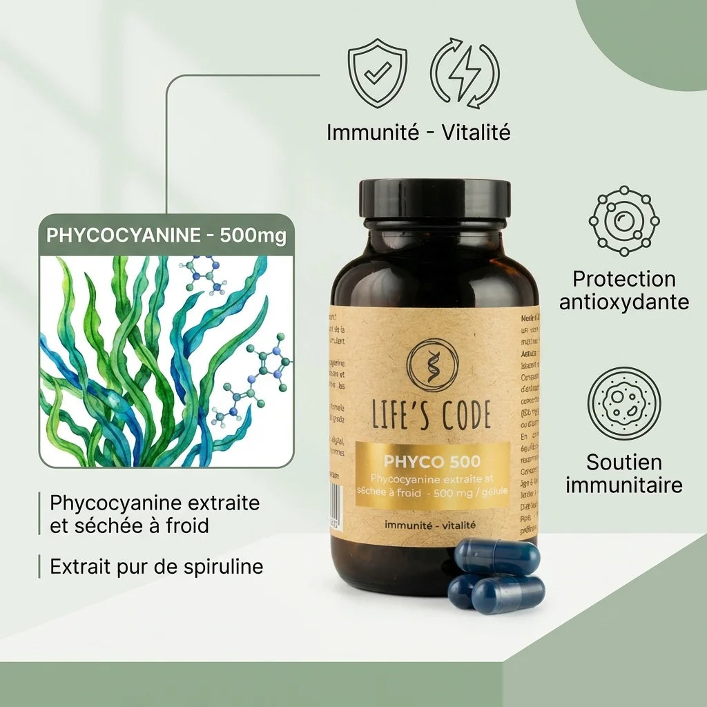 Phyco 500 Life's Code supplément phycocyanine 500mg spiruline immunité vitalité antioxydant