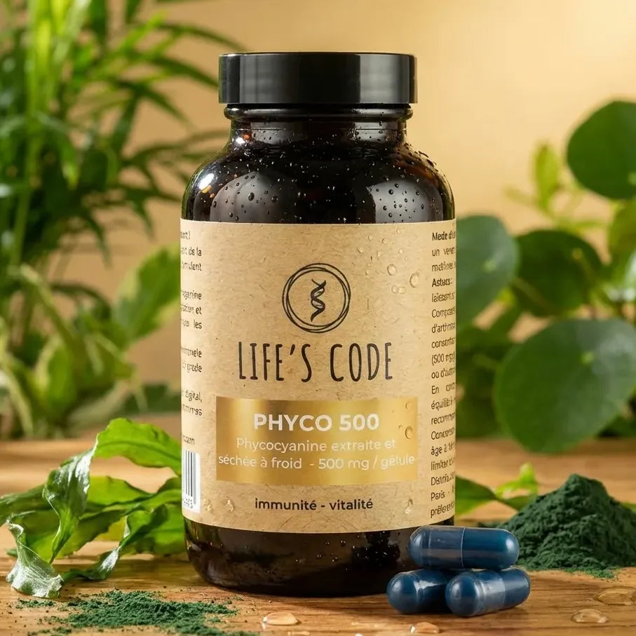 Phyco 500 Life's Code flacon de phycocyanine 500mg avec spiruline fraîche et plantes vertes