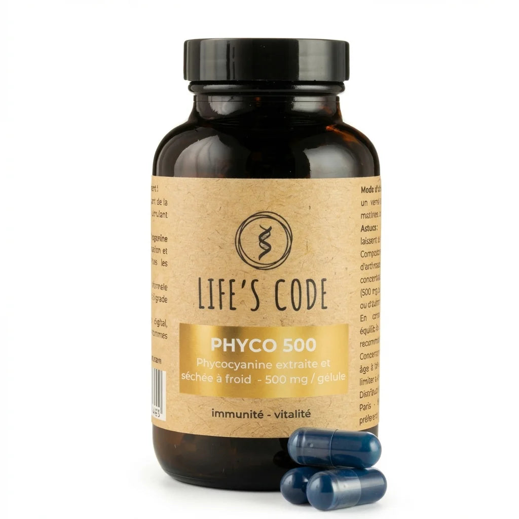 Phyco 500 Life's Code complément phycocyanine 500mg flacon et capsules bleues