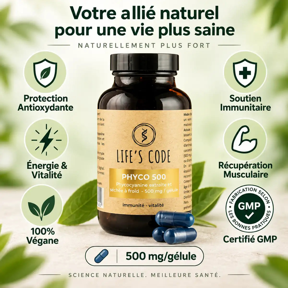 Phyco 500 phycocyanine 500mg Life's Code avec bénéfices antioxydants, immunité et énergie