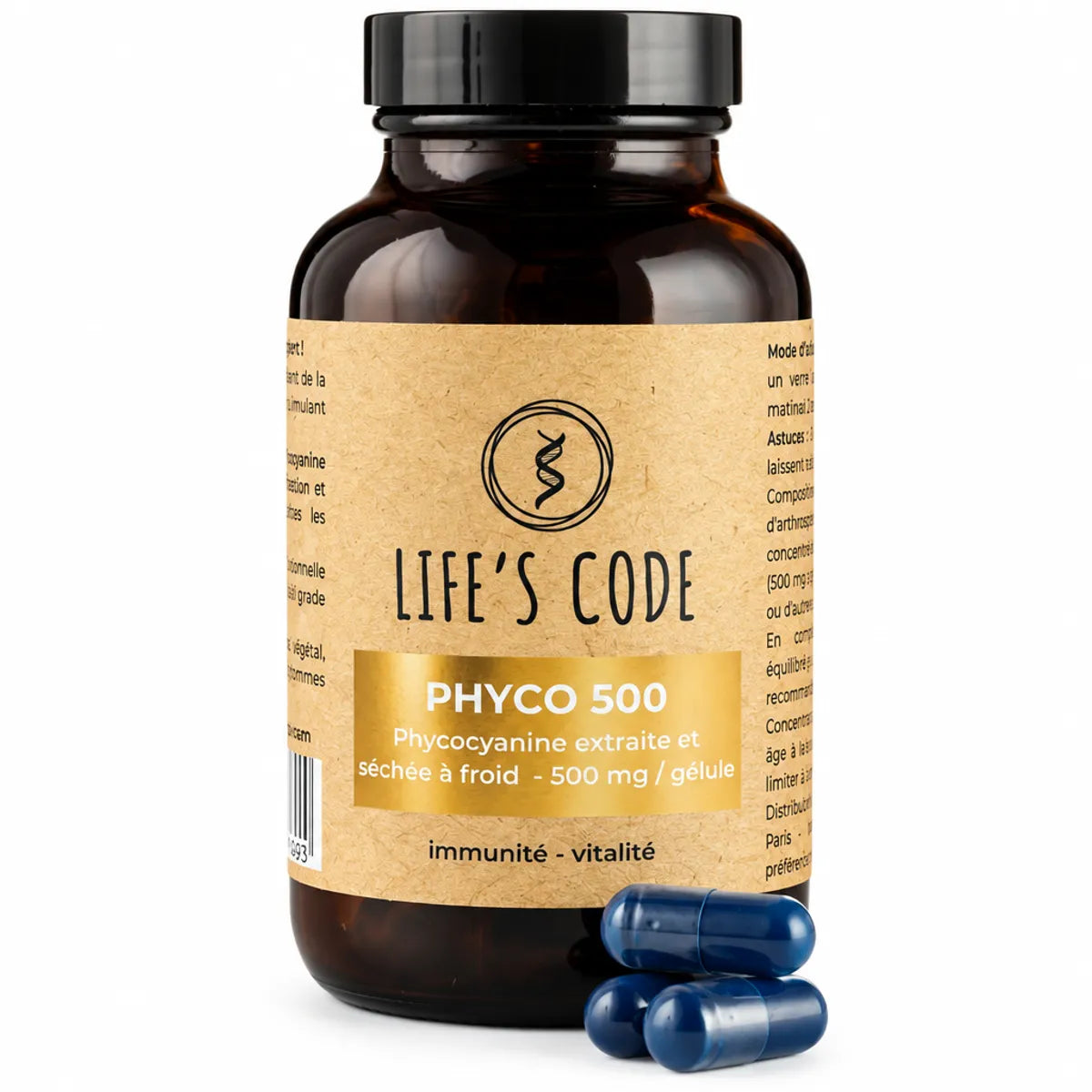 Phyco 500 Life's Code - flacon de phycocyanine 500 mg avec capsules bleues
