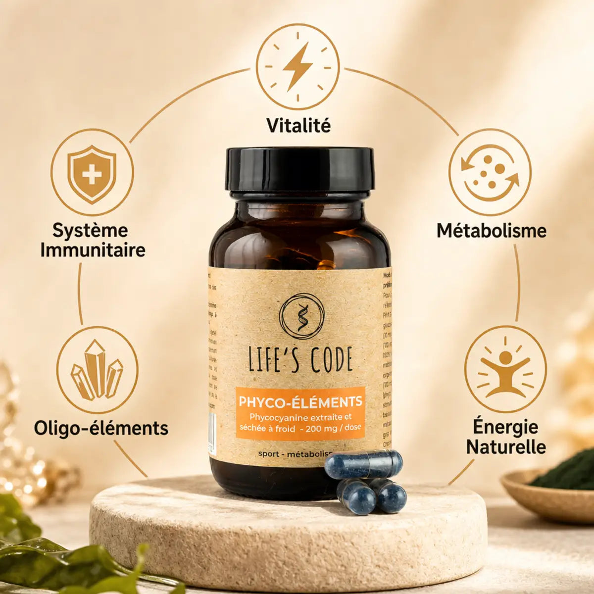 Phyco-éléments Life's Code 30 gélules avec infographie bénéfices santé vitalité immunitaire