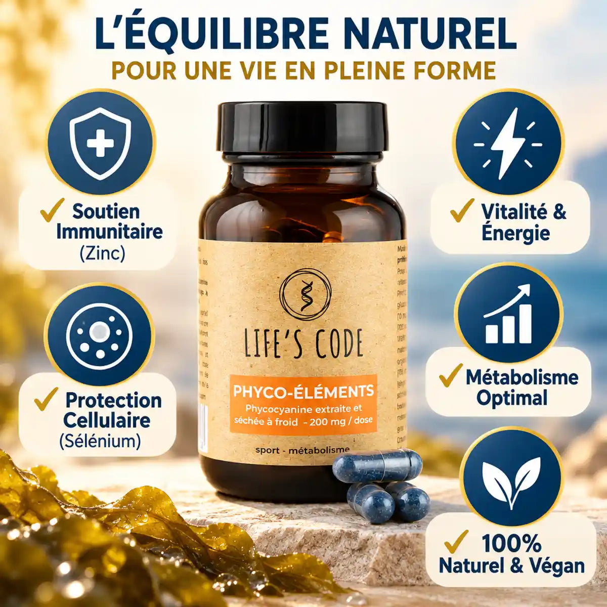 Phyco-éléments Life's Code 30 gélules avec bénéfices santé : immunité, énergie, protection cellulaire