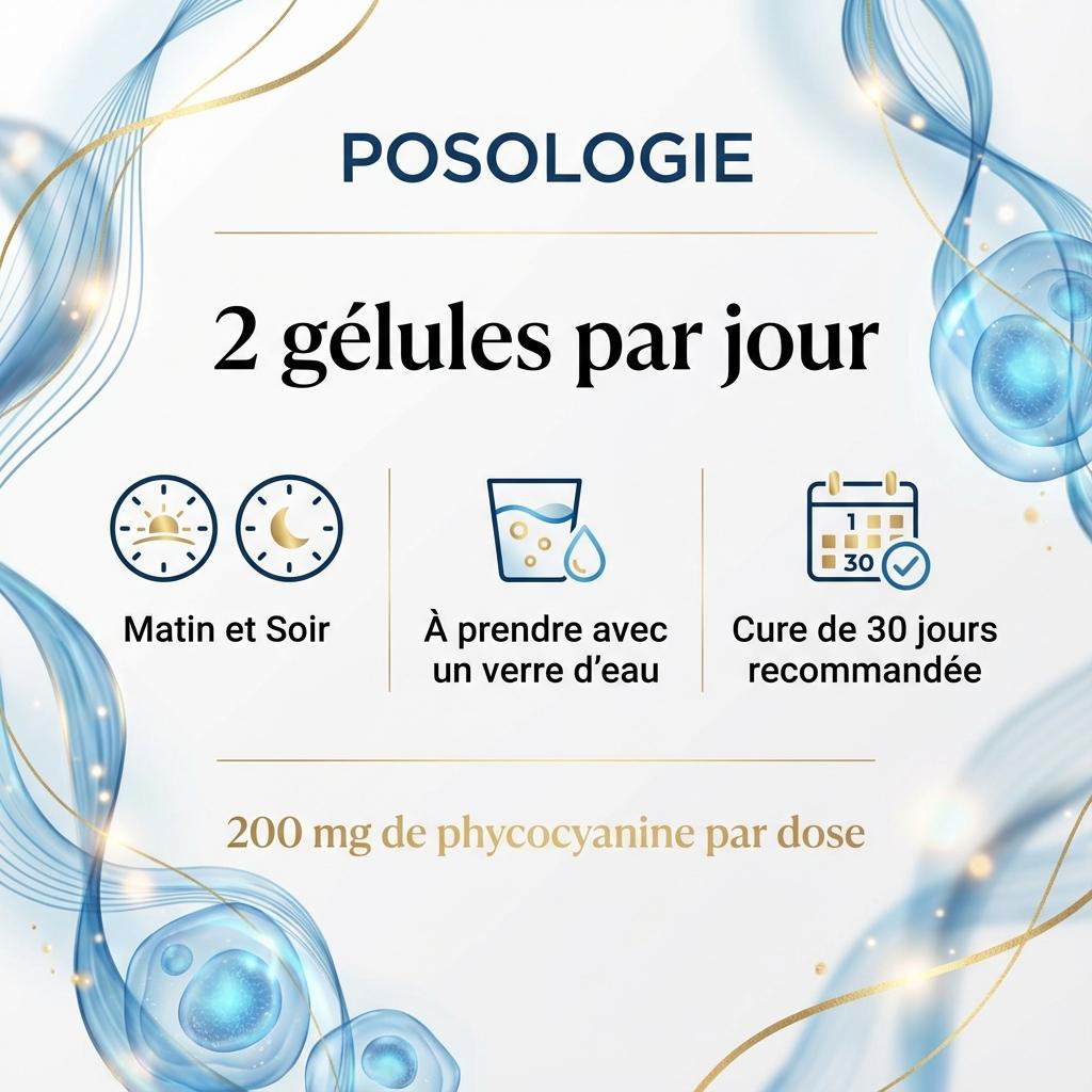 Phycocyanine Life's code - Guide posologie 2 gélules jour, 200 mg, cure 30 jours recommandée