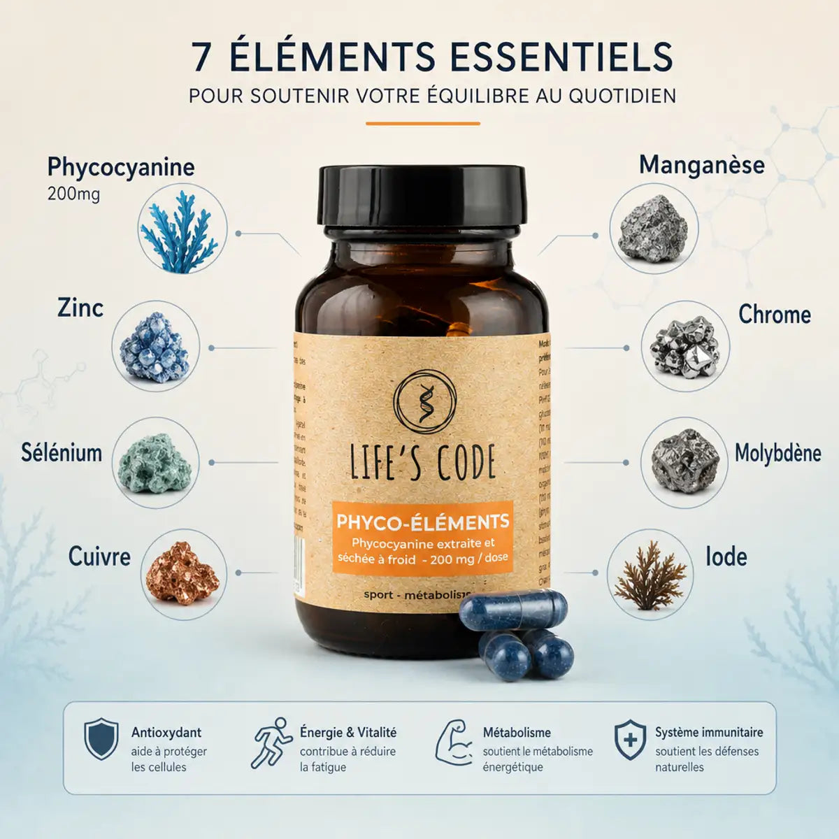 Phyco-éléments Life's Code 30 gélules avec ingrédients: Phycocyanine, Zinc, Sélénium, Cuivre, Manganèse