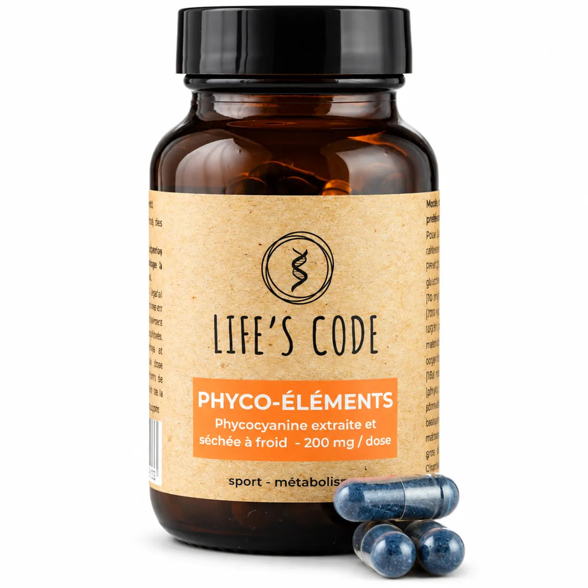 Phyco-éléments Life's Code flacon en verre ambré avec 3 gélules bleues, complément alimentaire en gélules