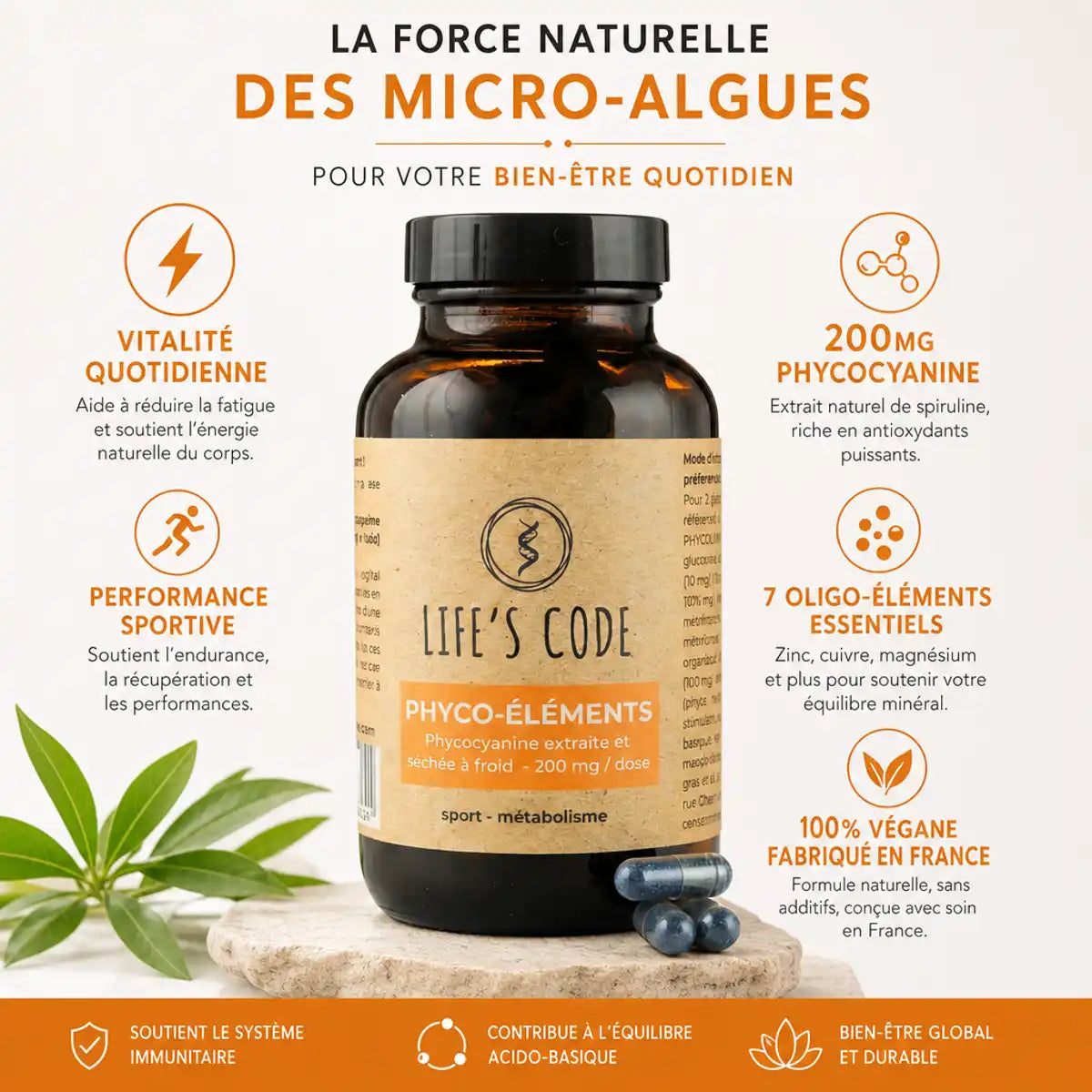 Phyco-éléments 90 gélules Life's Code - Complément alimentaire vitalité, performance sportive, 100% végane fabriqué en France