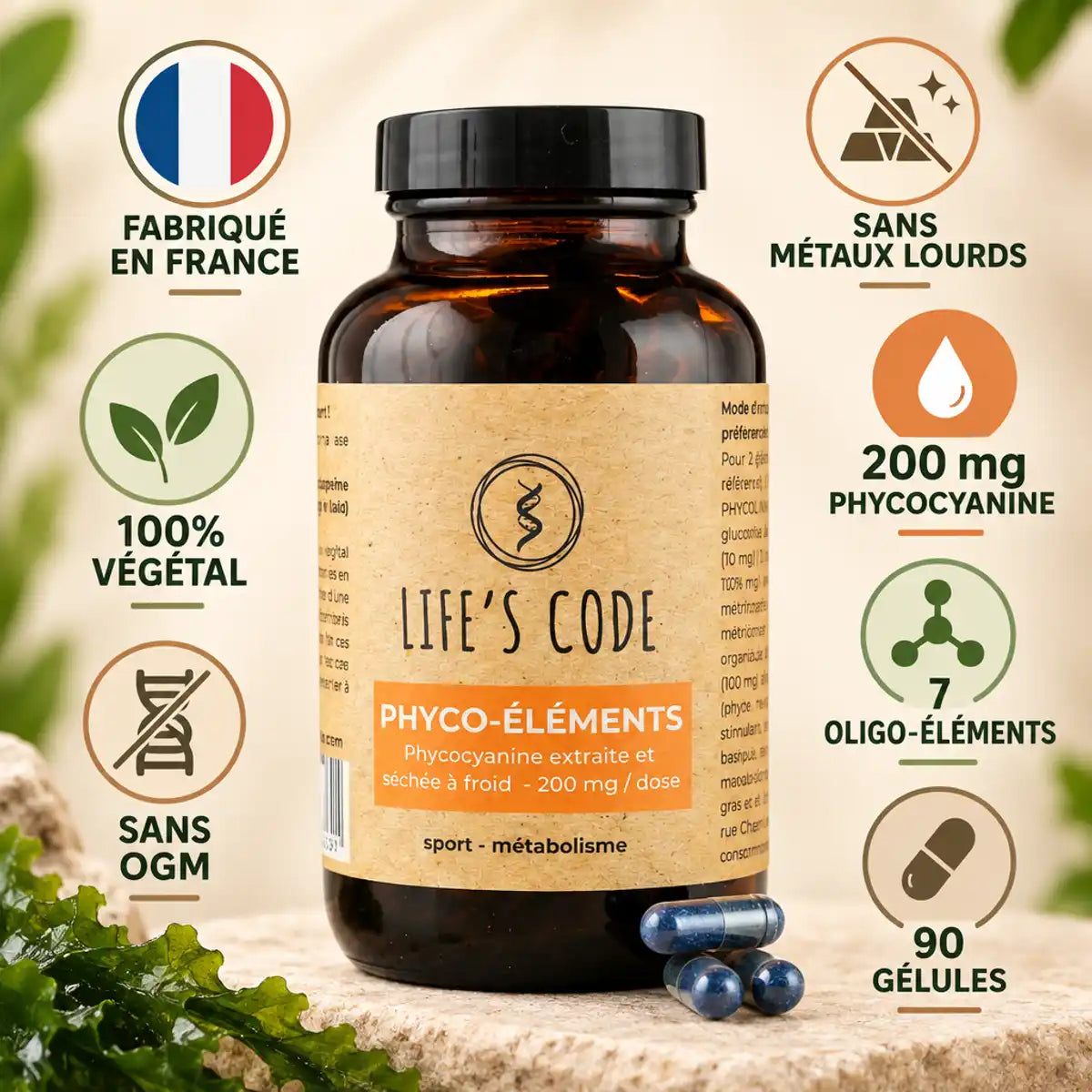 Phyco-éléments Life's Code 90 gélules - phycocyanine végétal fabriqué France sans OGM