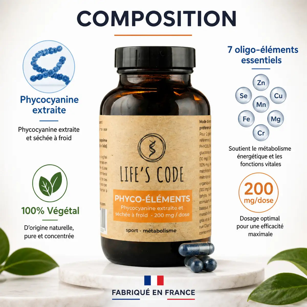 Phyco-éléments Life's Code 90 gélules avec composition phycocyanine et 7 oligo-éléments essentiels
