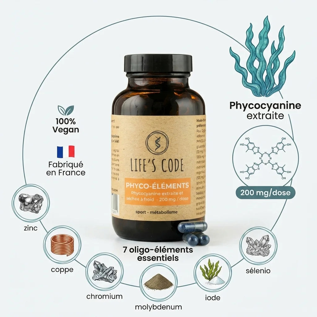 Phyco-éléments Life's Code 90 gélules avec spiruline, phycocyanine 200mg et 7 oligo-éléments essentiels