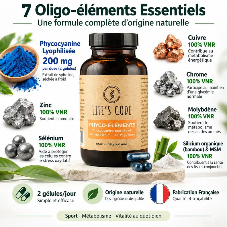 Bouteille Phyco-éléments Life's Code avec 7 oligo-éléments essentiels et phycocyanine lyophilisée