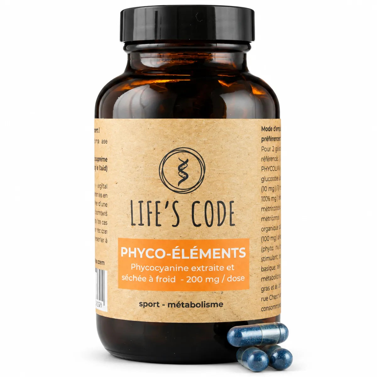 Phyco-Éléments 90 gélules Life's Code, complément alimentaire à base de phycocyanine en bouteille verre ambré