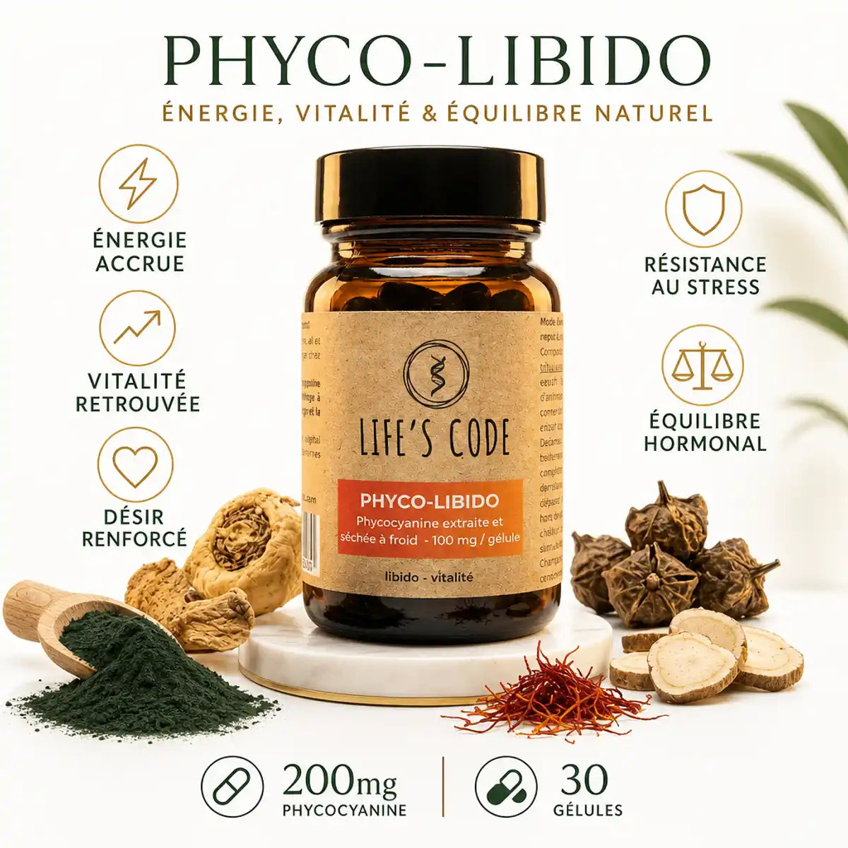 Phyco-Libido 30 gélules Life's Code - Complément alimentaire pour énergie et vitalité avec spiruline et maca