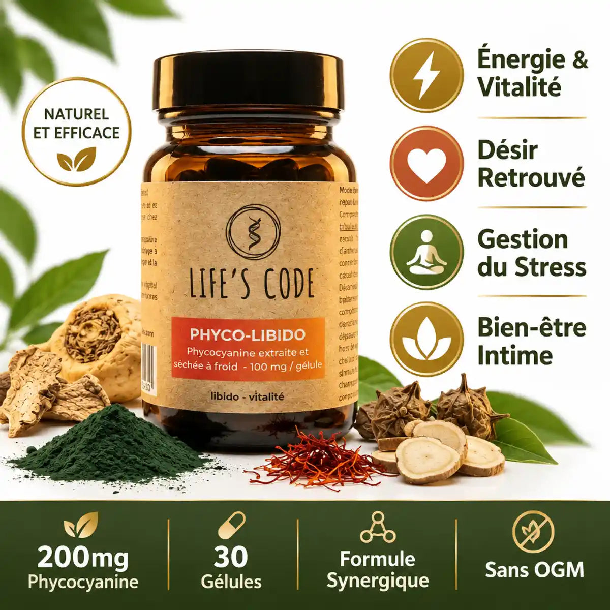 Phyco-libido Life's Code 30 gélules - Supplément énergie, désir et bien-être intime avec phycocyanine et maca