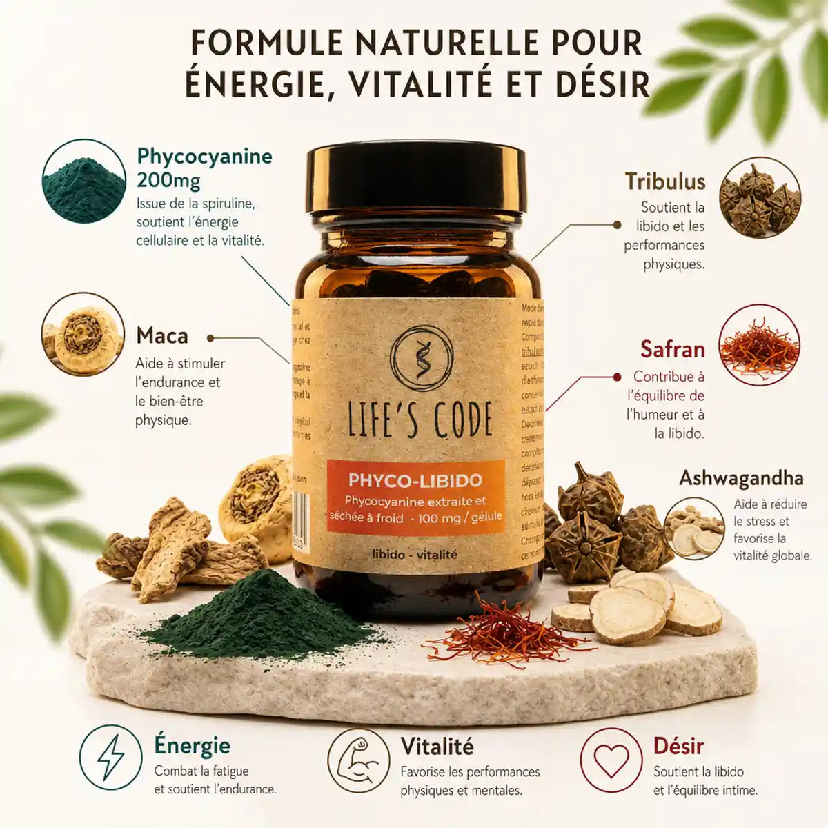 Phyco-libido 30 gélules avec ingrédients naturels spiruline, tribulus, maca et ashwagandha pour énergie