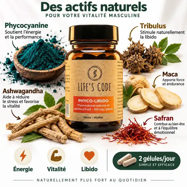 Phyco-libido 30 gélules Life's Code avec ingrédients actifs phycocyanine, tribulus, maca et ashwagandha