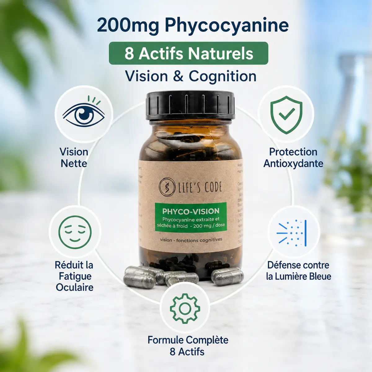 Phyco-Vision Life's Code 200mg phycocyanine avec 8 actifs pour la vision et protection antioxydante