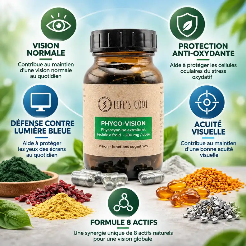 Phyco-Vision Life's Code flacon phycocyanine 200mg avec 7 actifs pour vision normale et protection anti-oxydante