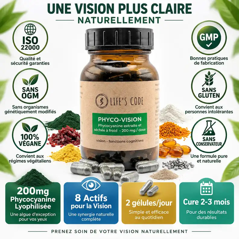 Phyco-Vision Life's Code 200mg phycocyanine - complément vision 7 actifs certifié bio végan