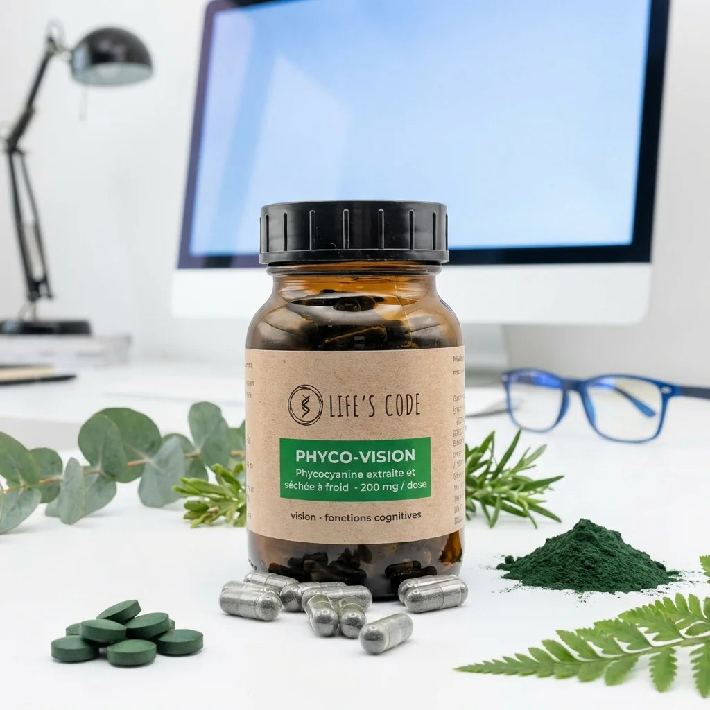 Phyco-Vision Life's Code complément phycocyanine 200mg avec capsules argent et éléments wellness visuels