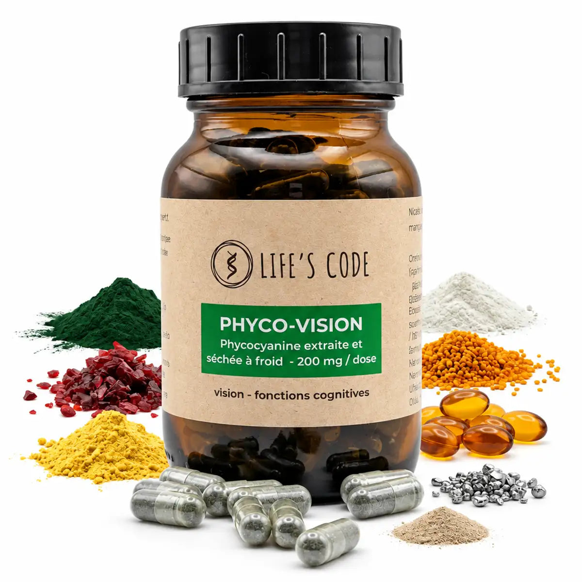 Bouteille Phyco-Vision Life's Code avec spiruline, curcuma et 7 actifs pour la vue sur fond blanc