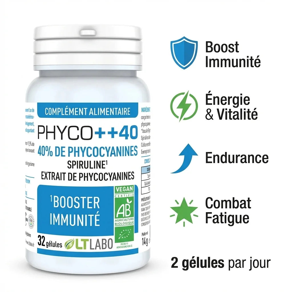 Phyco++40 Bio spiruline phycocyanine 32 gélules LT Labo avec bénéfices immunité énergie endurance