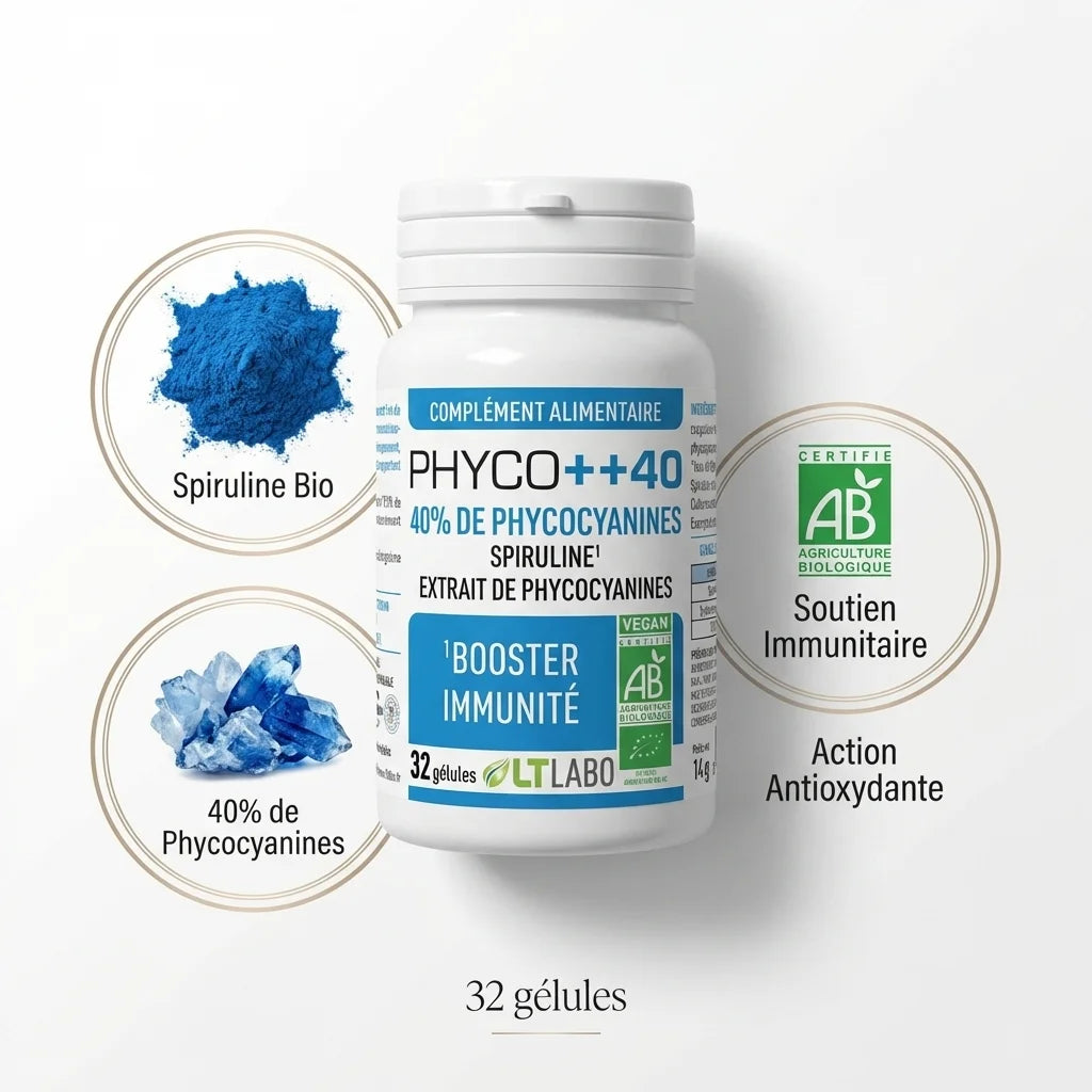 Phyco++40 Bio spiruline phycocyanine 32 gélules LT Labo complément immunitaire antioxydant