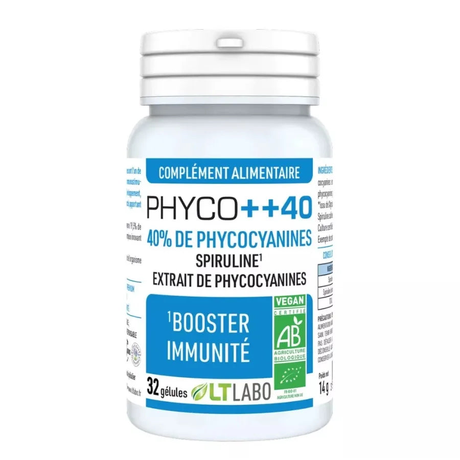 Une boite de Phyco++40 Bio Spiruline & Phycocyanine de 32 gélules de la marque LT Labo.