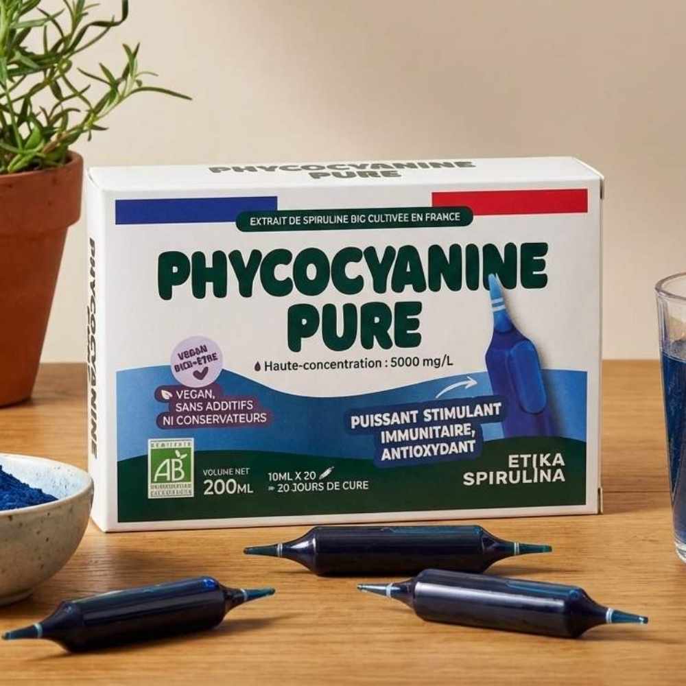 Un pack de 20 ampoules de phycocyanine pure de la marque etika spirulina