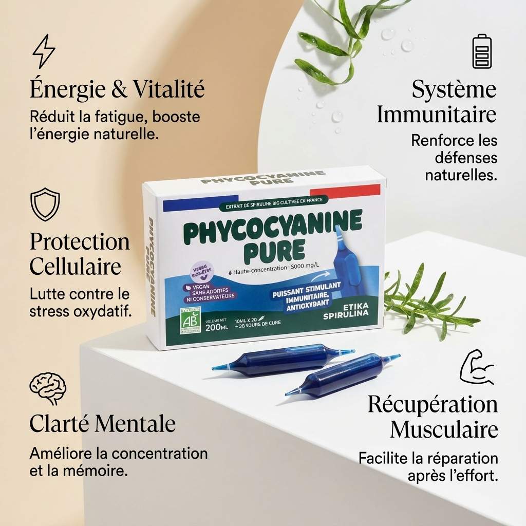 Phycocyanine ampoules Etika Spirulina avec bénéfices : énergie, protection cellulaire, clarté mentale