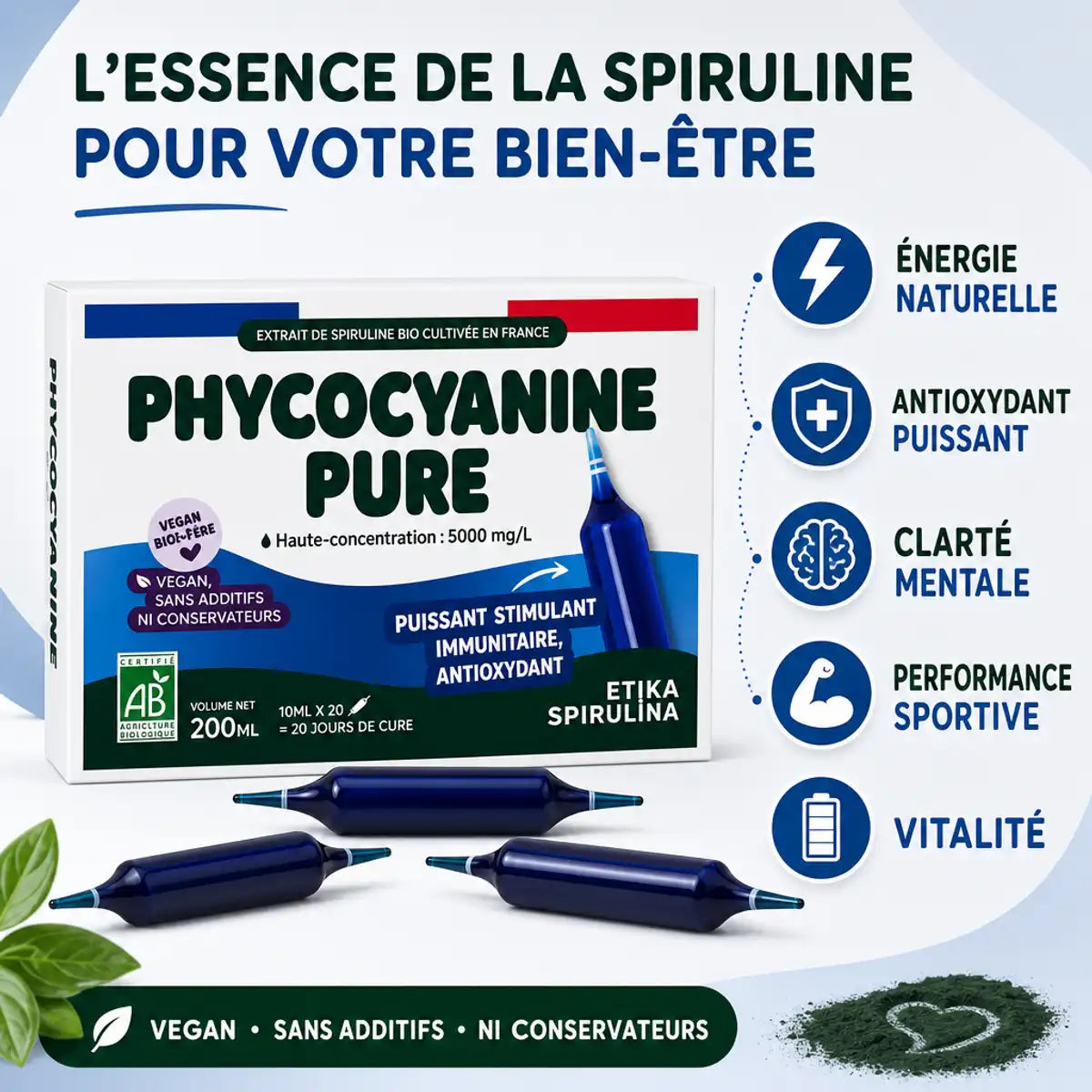 Phycocyanine Etika Spirulina ampoules x20 - Bénéfices énergie, antioxydant et performance sportive