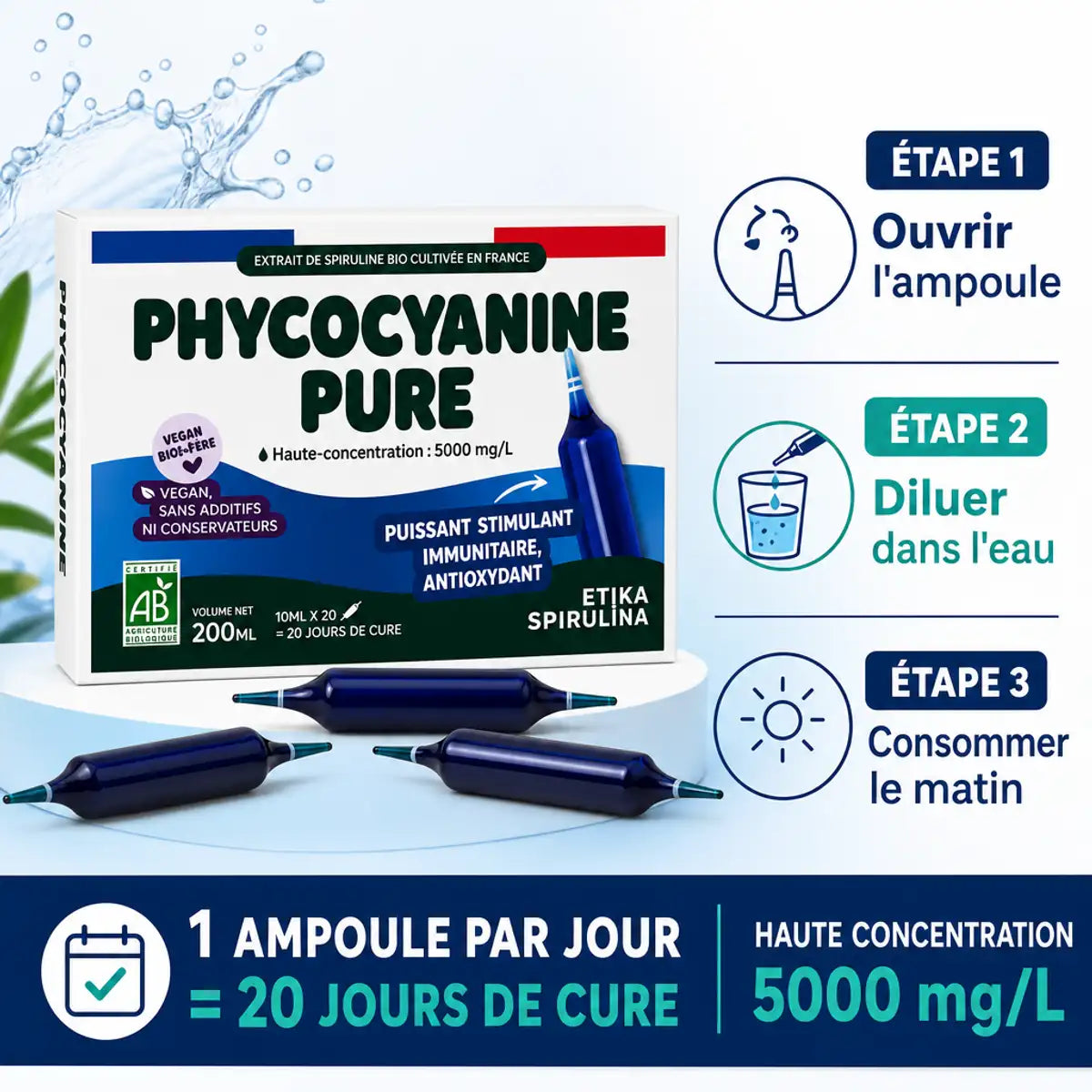 Phycocyanine Etika Spirulina ampoules x20 avec guide utilisation étapes consommation