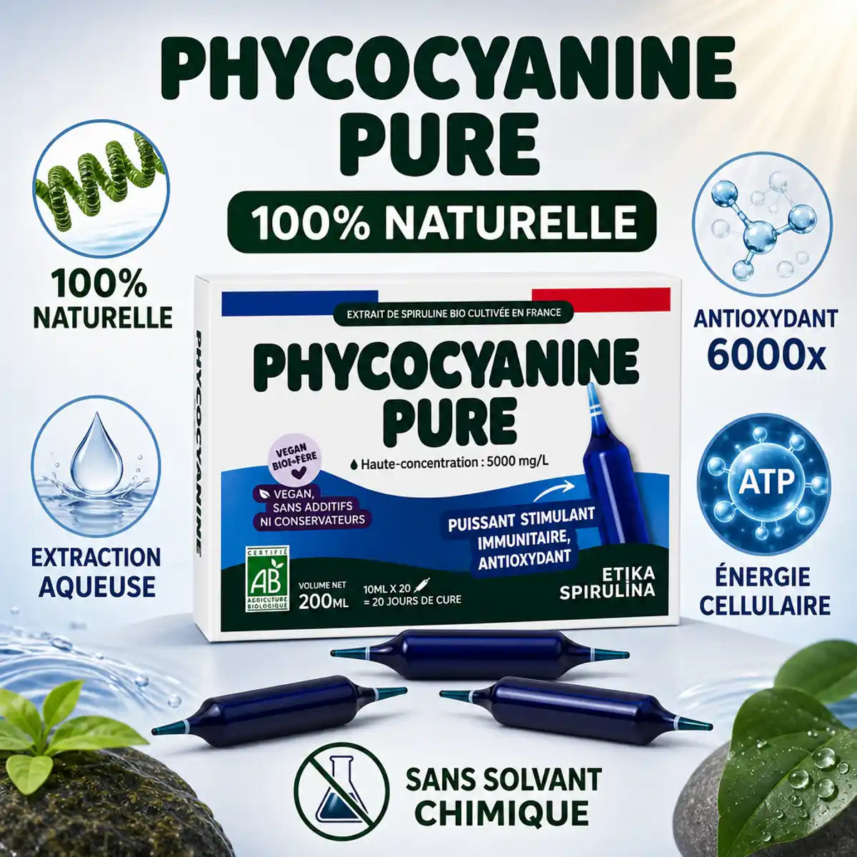 Phycocyanine Pure Etika Spirulina ampoules x20 antioxydant naturel extraction aqueuse