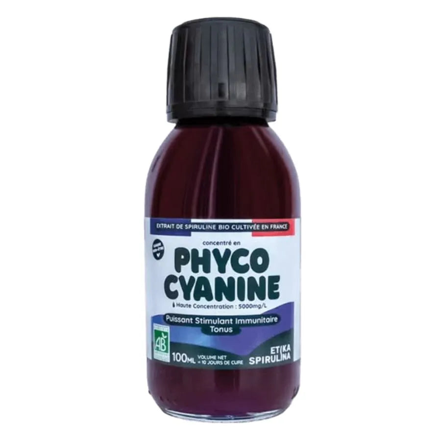 une bouteille de phycocyanine en 100 ml de la marque etika spirulina