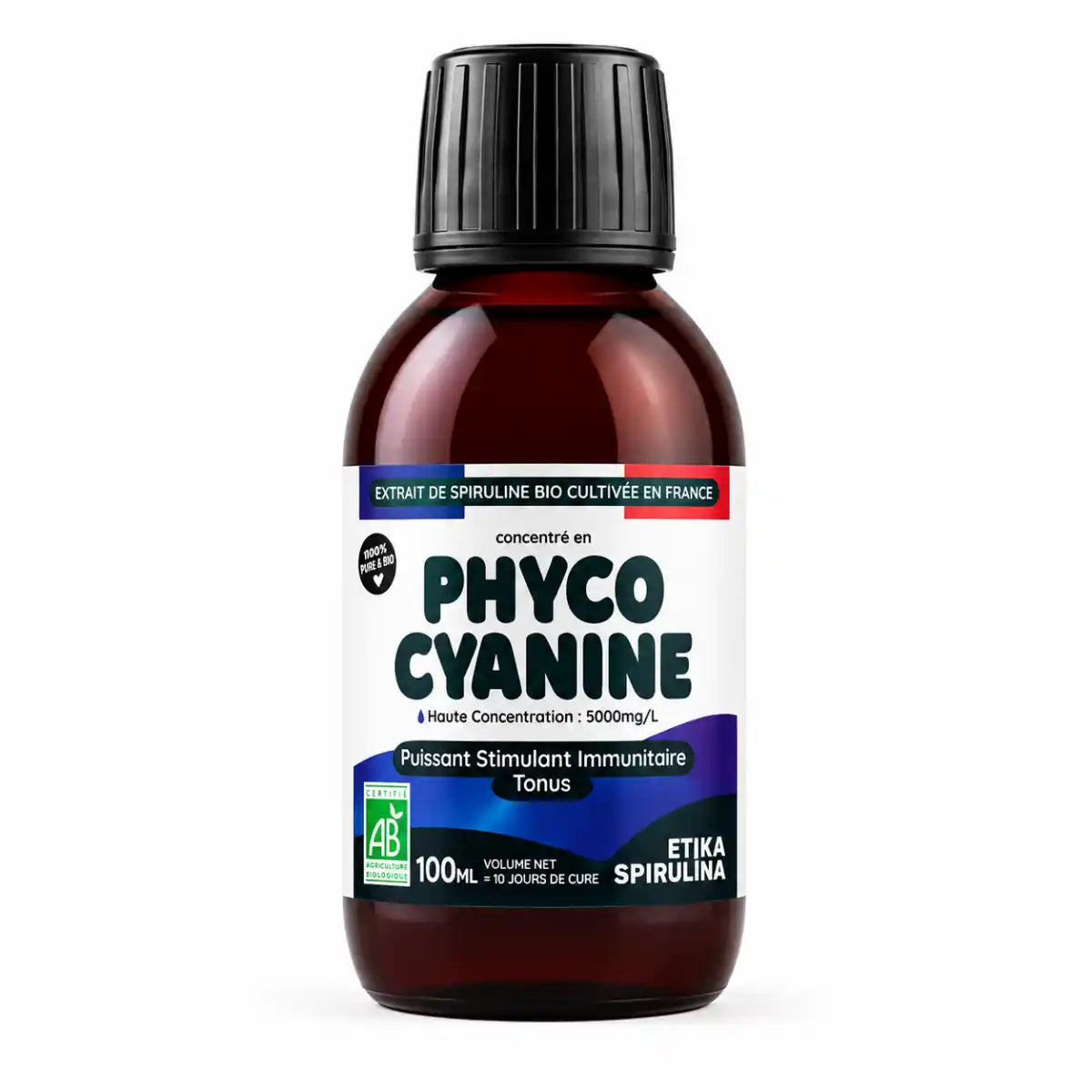 Un flacon de Phycocyanine liquide bio 5000mg de 100ml de la marque Etika Spirulina