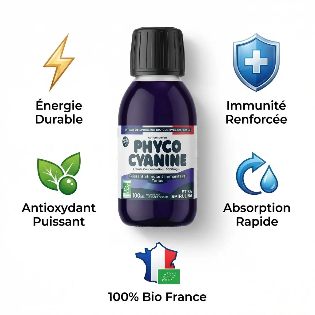 Phycocyanine liquide bio 5000 mg Etika Spirulina avec bénéfices santé illustrés