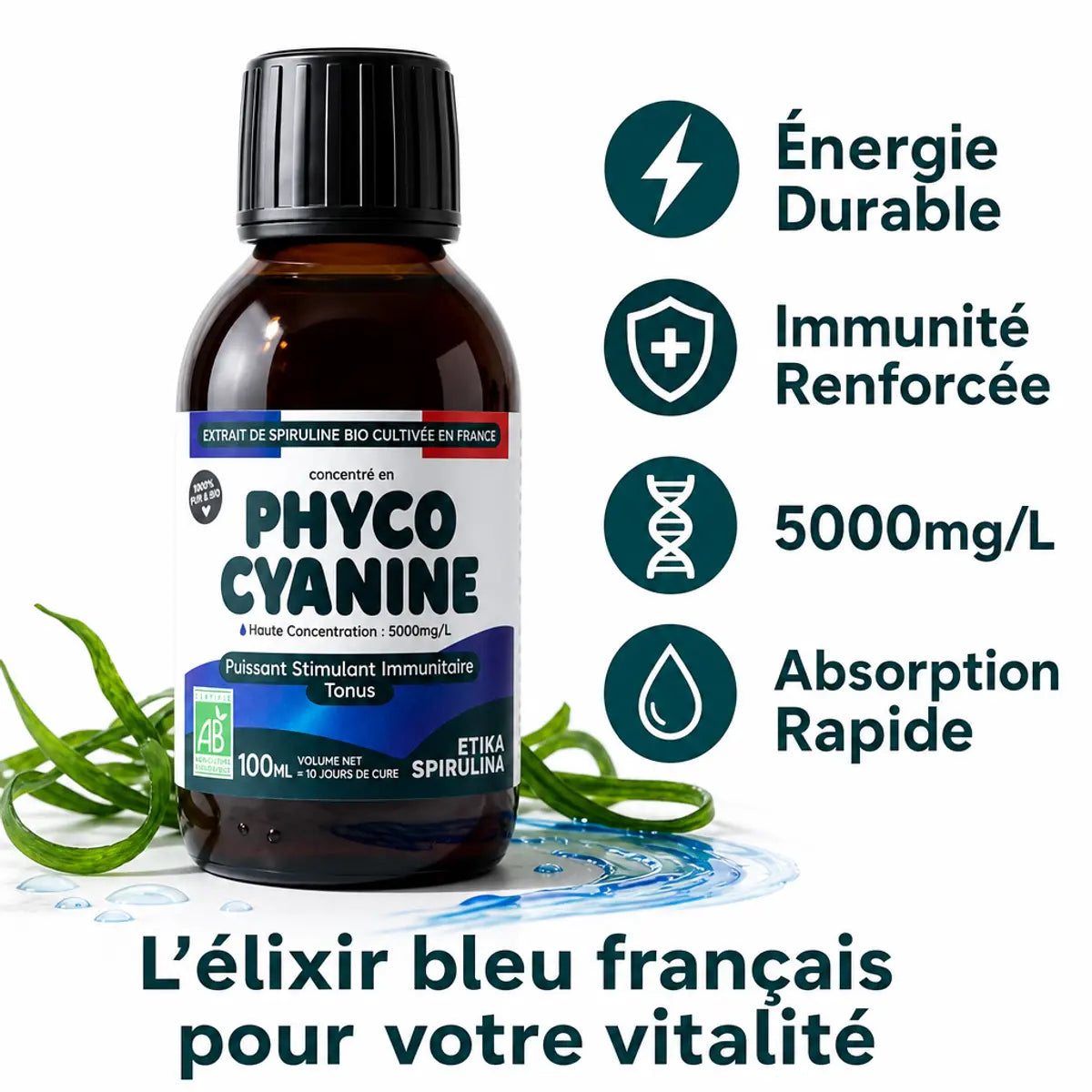 Phycocyanine liquide bio 5000mg Etika Spirulina avec bénéfices énergie et immunité