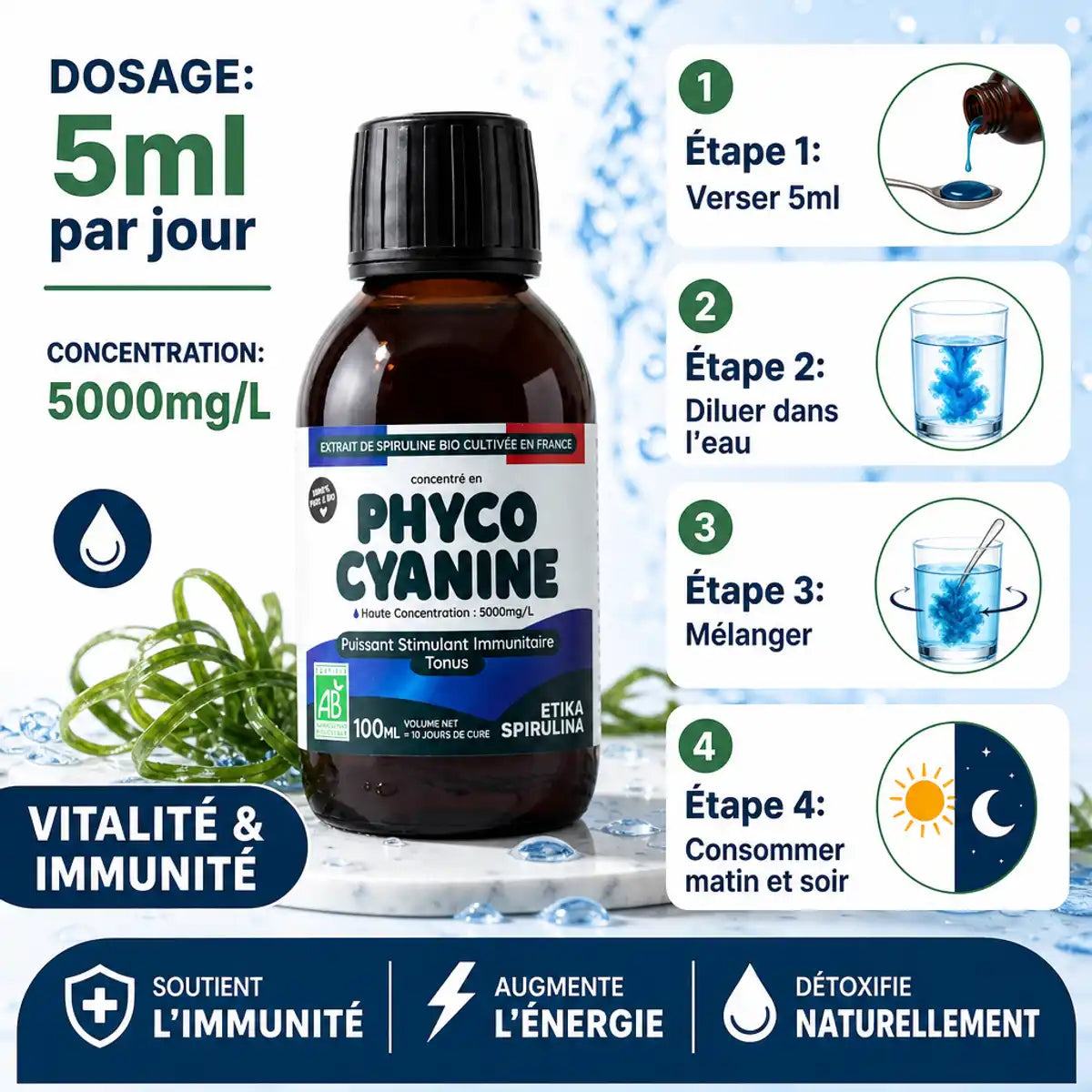 Phycocyanine liquide bio 5000 mg Etika Spirulina avec guide dosage 5ml et infographie utilisation